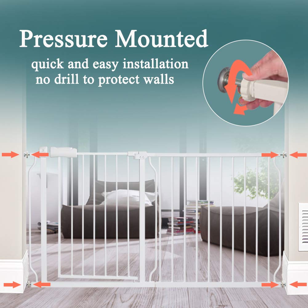 ALLAIBB 44 45 46 47 48 Inch Baby Gate Extra Wide Pressure Mount 43.31-48.03in Walk Through Auto Close White Metal Child Dog Pet Safety Gates for Stairs,Doorways,Kitchen and Living Room 110-122cm