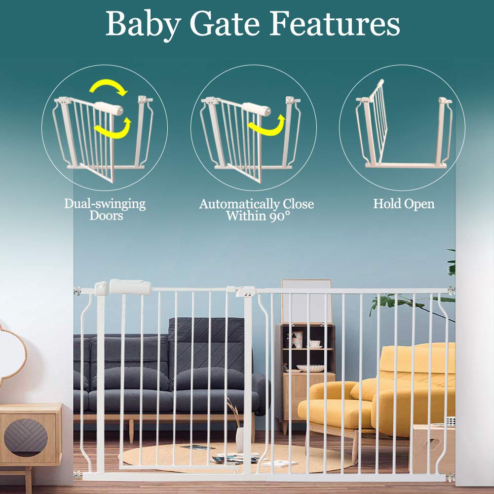 ALLAIBB 44 45 46 47 48 Inch Baby Gate Extra Wide Pressure Mount 43.31-48.03in Walk Through Auto Close White Metal Child Dog Pet Safety Gates for Stairs,Doorways,Kitchen and Living Room 110-122cm