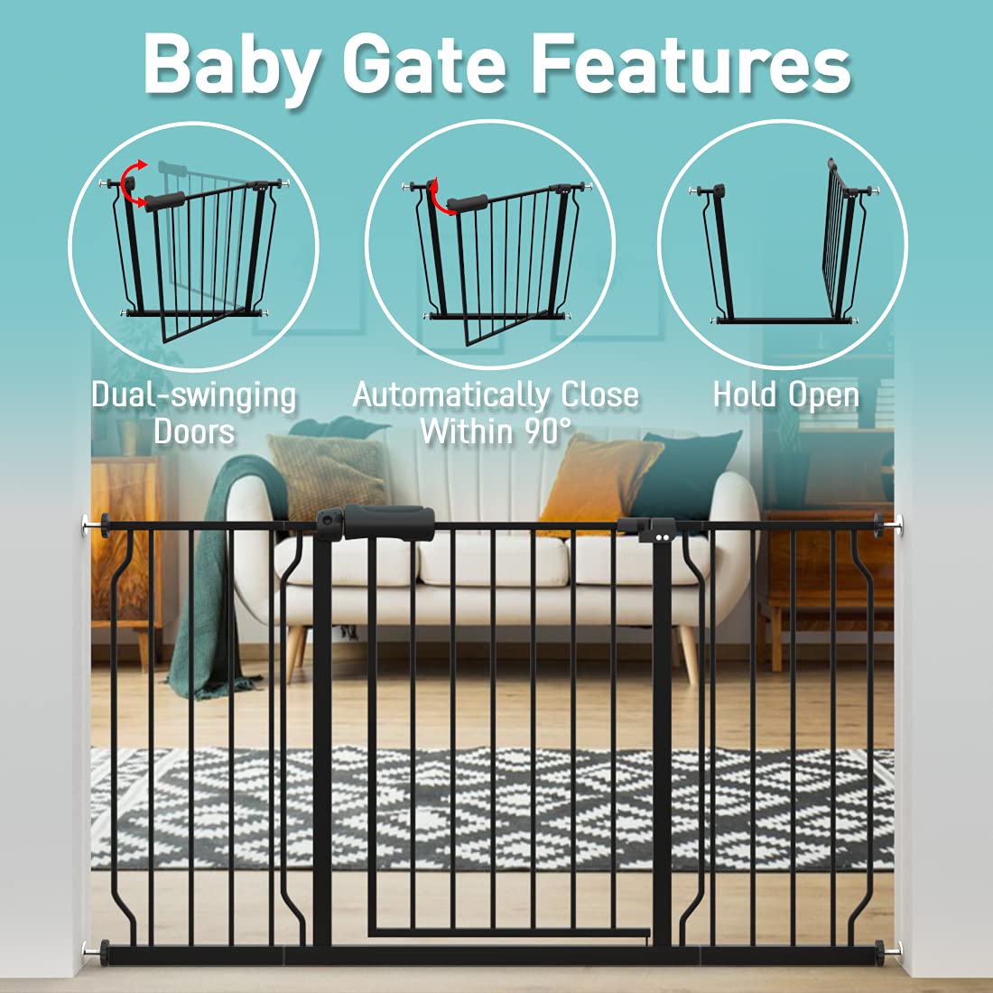 WAOWAO 24.02-76.38" Wide, 30.7" Tall Extra Wide Pressure Mounted Walk Through Swing Auto Close Safety Black Metal Gate for Toddler Kids Child Puppy Dog Cat Pet for Stairs, Doorways, Kitchen