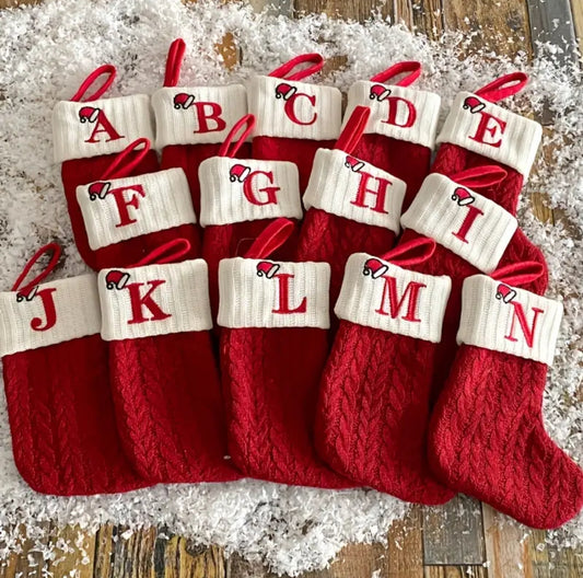 1pc, Christmas Supplies Decorative, Knitted Socks Stockings Embroidery Candy Gift Bag Alphabet Christmas Socks Gift Bag, Scene Decor, Room Decor, Home Decor, Holiday Party Decor, Christmas Decor