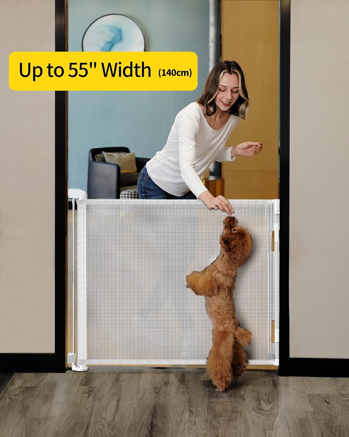 dearlomum Retractable Baby Gate,Mesh Baby Gate or Mesh Dog Gate,33" Tall,Extends up to 55" Wide,Child Safety Gate for Doorways, Stairs, Hallways, Indoor/Outdoor（White,33"x55")