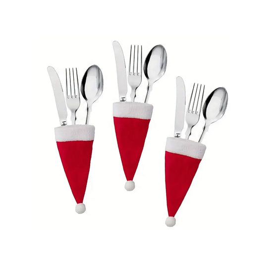 10pcs Mini Red Christmas Hat, Wine Bottle Knife and Fork Kitchen Accessories Table Decorations