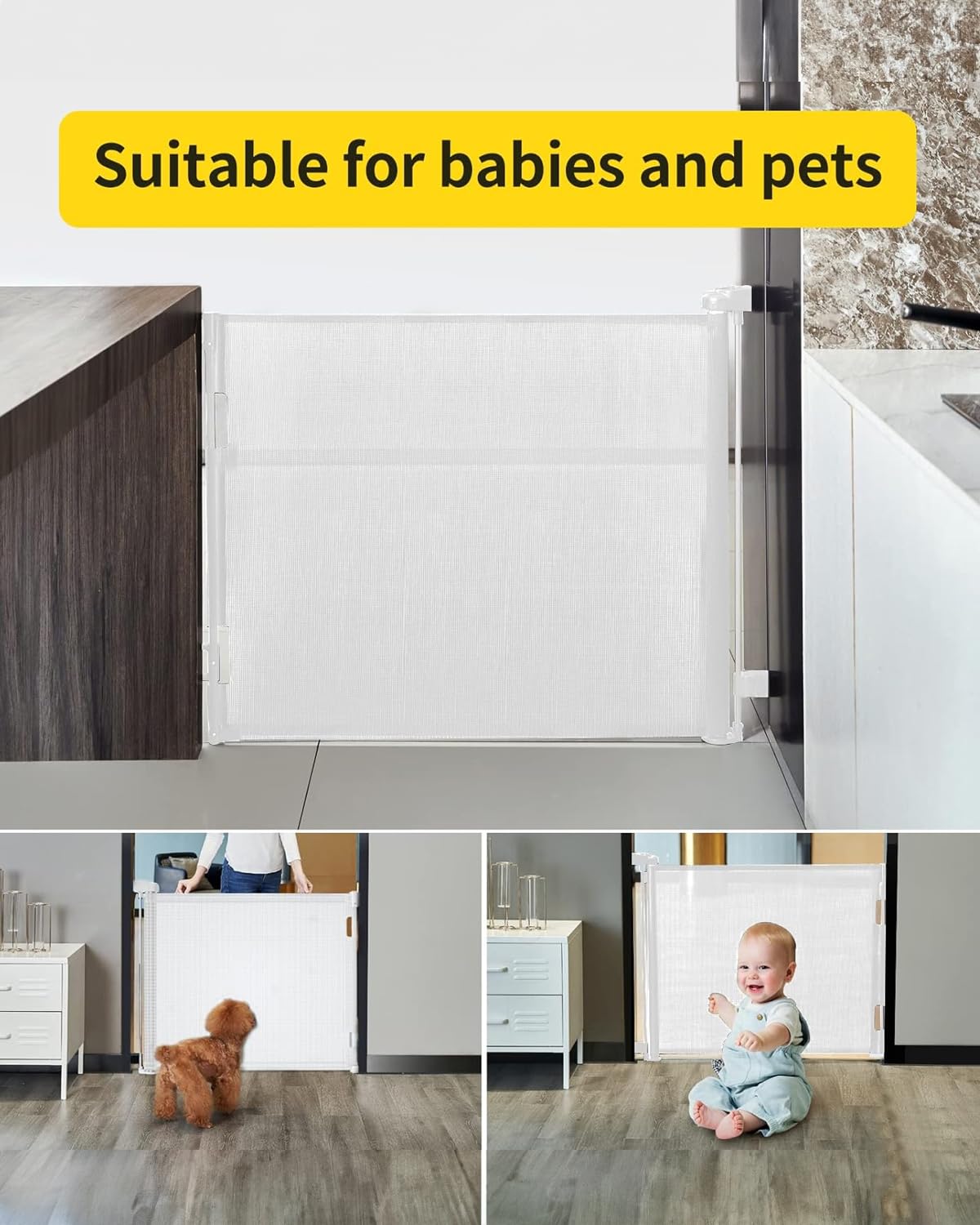 dearlomum Retractable Baby Gate,Mesh Baby Gate or Mesh Dog Gate,33" Tall,Extends up to 55" Wide,Child Safety Gate for Doorways, Stairs, Hallways, Indoor/Outdoor（White,33"x55")