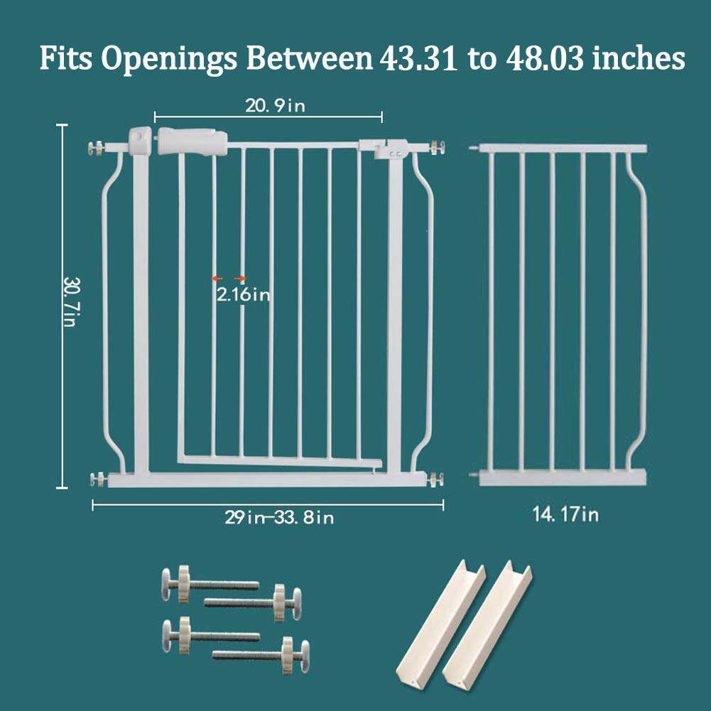 ALLAIBB 44 45 46 47 48 Inch Baby Gate Extra Wide Pressure Mount 43.31-48.03in Walk Through Auto Close White Metal Child Dog Pet Safety Gates for Stairs,Doorways,Kitchen and Living Room 110-122cm