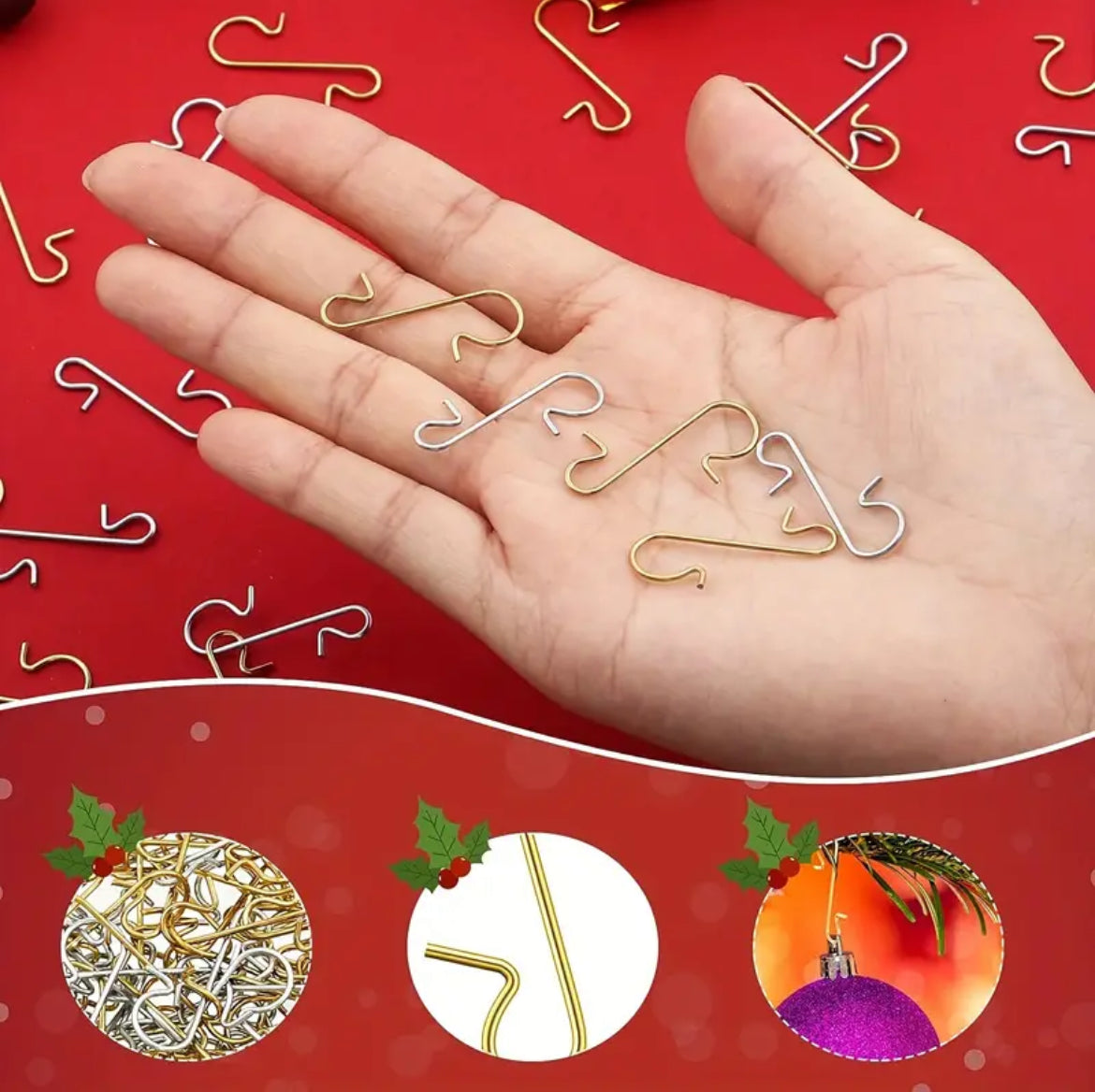 60pcs Christmas Ornament Hooks Ornament Hangers Christmas Metal Wire Silvery Golden Hooks Red Green Hooks For Christmas Tree Decoration Easter Gift