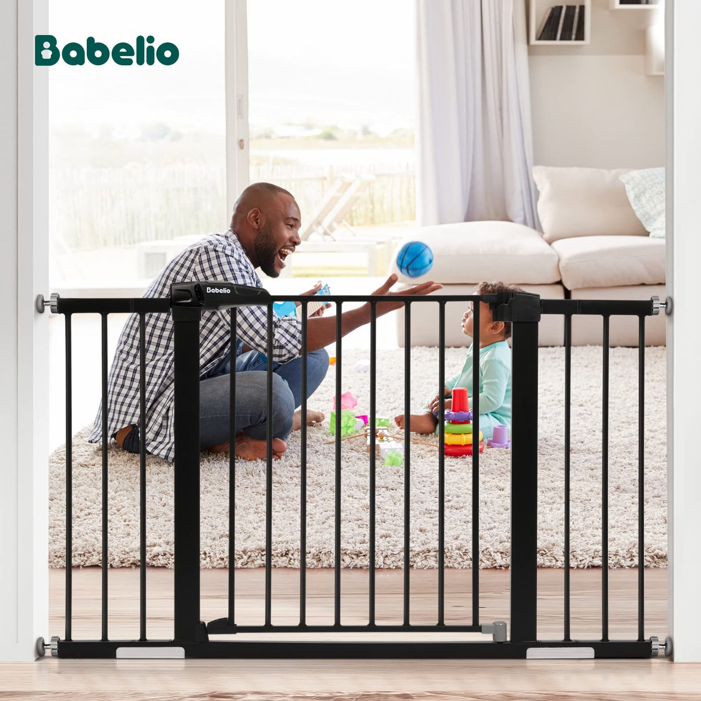 BABELIO Metal Baby Gate, 29-48'' Easy Install Pet Gate, Extra Wide Walk Thru Child Safety Gate with Door, Pressure Mounted Dog Gate for Doorways & Stairs, Black