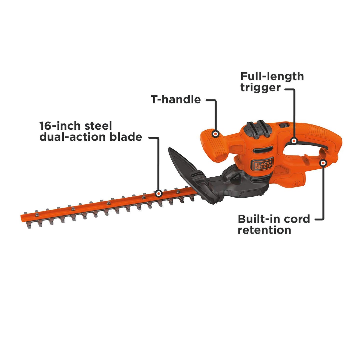 BLACK+DECKER Corded Hedge Trimmer with 16" Dual-Action Blade - Orange